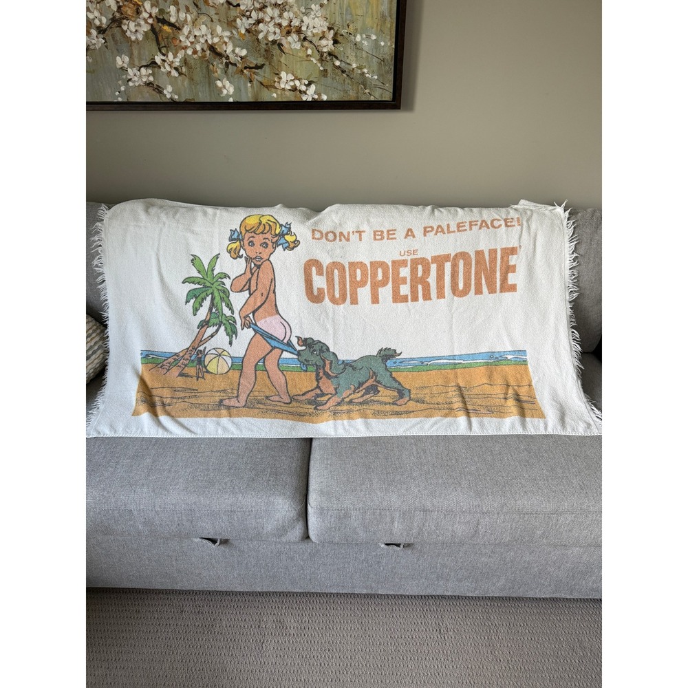 Vintage Coppertone Beach Towel Dont Be A Paleface Girl Dog Fringe White Retro